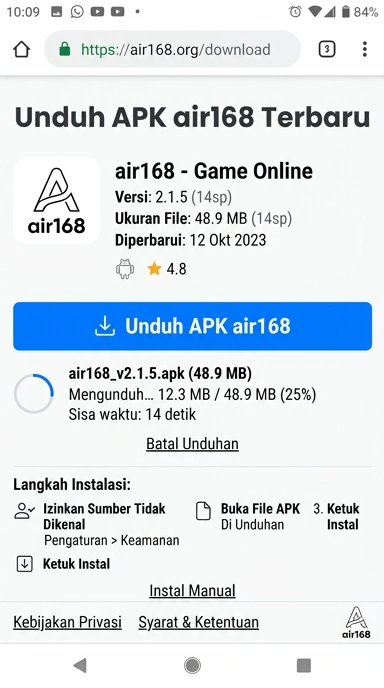 Tampilan halaman APK air168