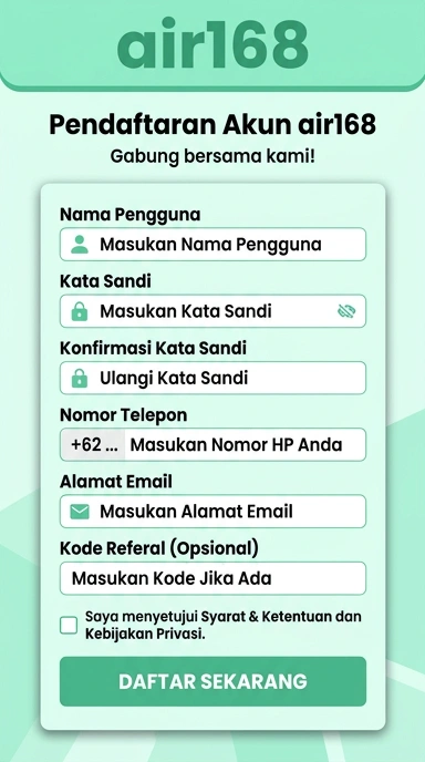 Tampilan halaman daftar air168