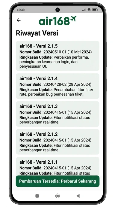 Tampilan riwayat versi air168